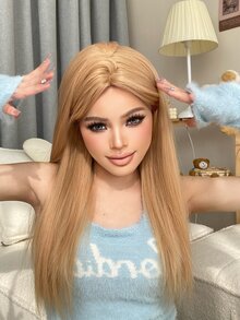 1pc Bloned Center Part Long Straight Synthetic Wig Hairpiece, 26 Inches, Heat Resistant Fiber, Suitable For Daily Use With Natural Look. - Gold - View 4