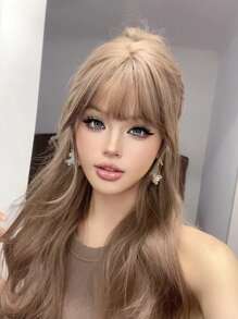 1個合成高溫捲曲棕色假髮,長22英寸,由纖維製成,適合日常使用,自然逼真的假髮。