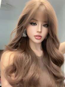 1個合成高溫捲曲棕色假髮,長22英寸,由纖維製成,適合日常使用,自然逼真的假髮。