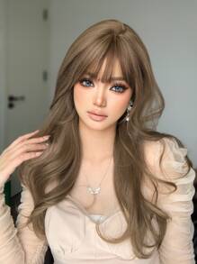 件 22 吋長合成耐熱捲曲棕色假髮，由纖維製成，適合日常使用，自然逼真的假髮 - 棕色 - 查看 4