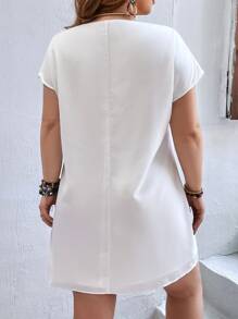 SHEIN VCAY 大碼花卉刺繡流蘇邊蝙蝠袖洋裝不附腰帶 - 白色 - 查看 7