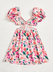 Soleia 滿版印花腰部鏤空泡泡袖連衣裙 - 彩色 - 查看 2