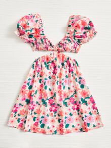 Soleia 滿版印花腰部鏤空泡泡袖連衣裙 - 彩色 - 查看 4