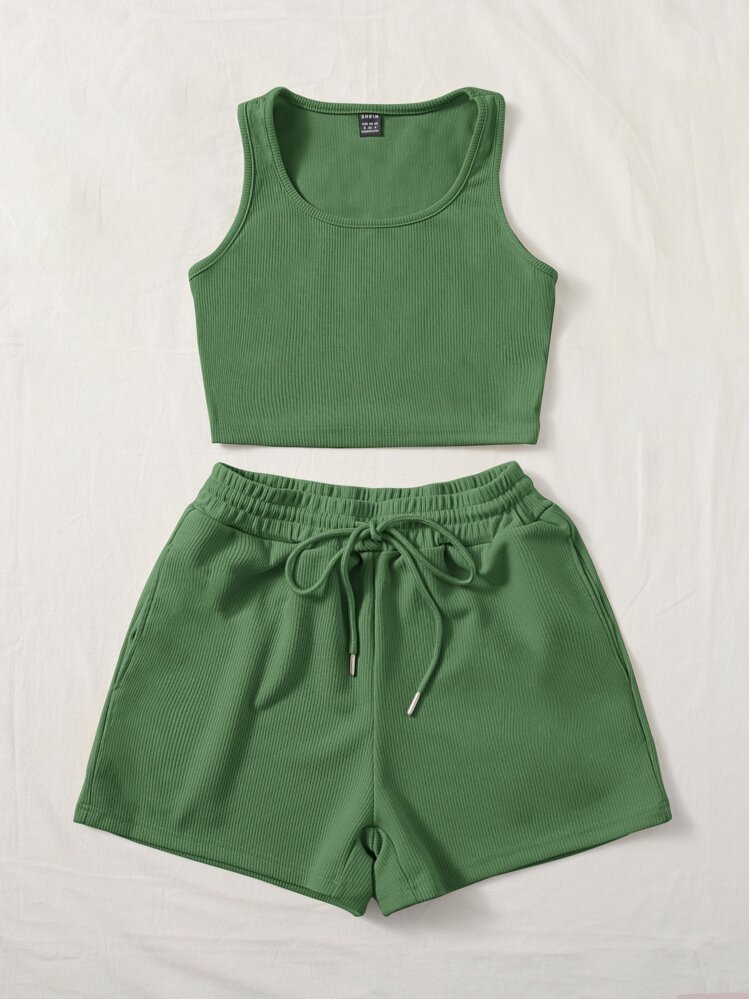 SHEIN EZwear Scoop Neck Tank Top & Drawstring Waist Shorts - Green - View 3