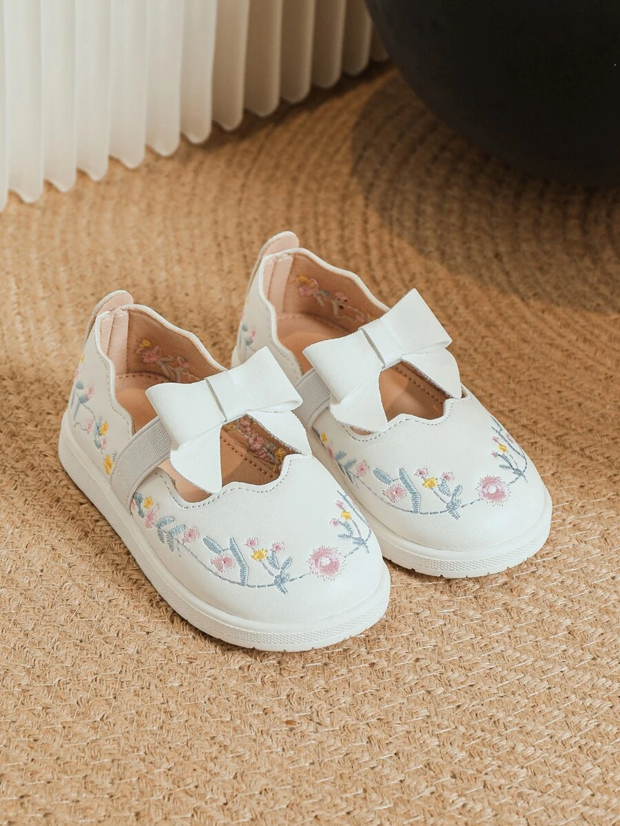 Girls Breathable Floral Embroidered Bow Decor Sneakers, Sporty Outdoor Slip-On Shoes
