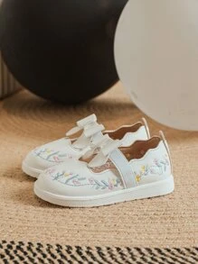 Girls Breathable Floral Embroidered Bow Decor Sneakers, Sporty Outdoor Slip-On Shoes