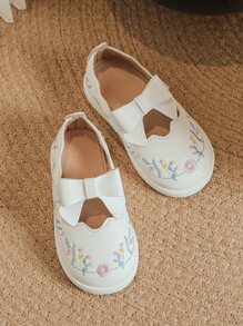 Girls Breathable Floral Embroidered Bow Decor Sneakers, Sporty Outdoor Slip-On Shoes
