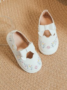 Girls Breathable Floral Embroidered Bow Decor Sneakers, Sporty Outdoor Slip-On Shoes