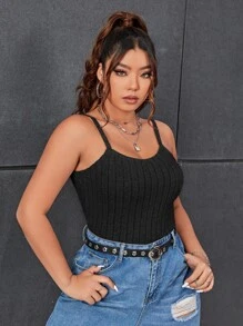 SHEIN EZwear Plus Solid Cami Top - Black - View 6