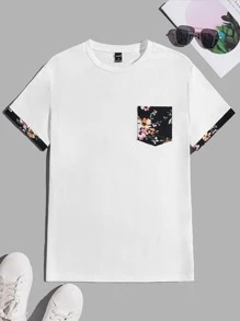 GENTILAND Men Floral Print Pocket Patched Tee - White - View 1