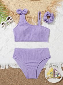 Tween Girl Bow Detail Asymmetrical Neck Bikini Set & Scrunchie Summer Beach - Purple - View 1