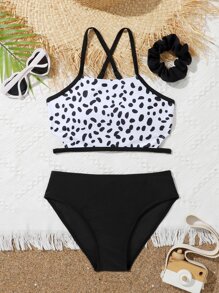 Conjunto de bikini con estampado de dálmata y ribete en contraste con coletero para niña preadolescente, ideal para playa de verano - Blanco y Negro - Ver 1