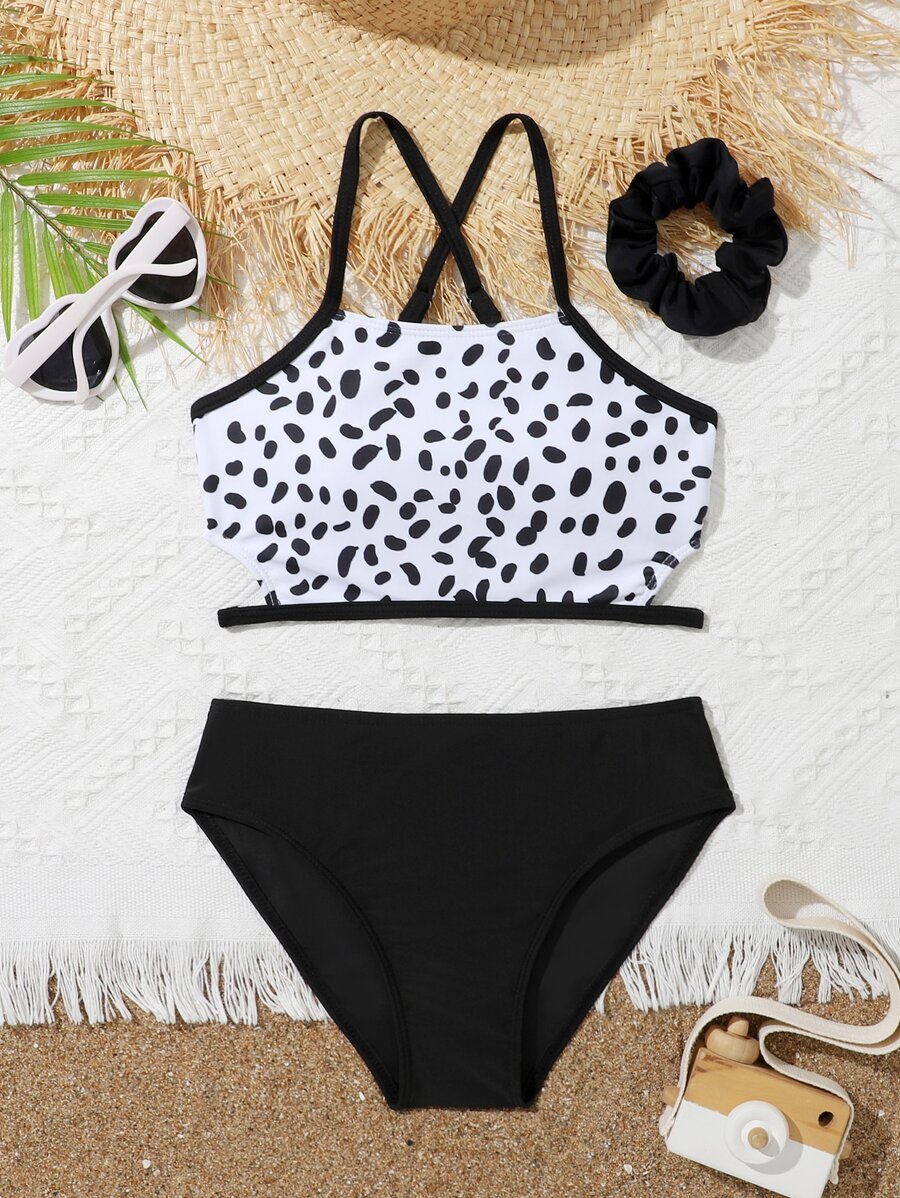 Conjunto de bikini con estampado de dálmata y ribete en contraste con coletero para niña preadolescente, ideal para playa de verano - Blanco y Negro - Ver 1