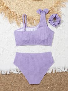 Tween Girl Bow Detail Asymmetrical Neck Bikini Set & Scrunchie Summer Beach - Purple - View 2