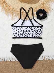 Conjunto de bikini con estampado de dálmata y ribete en contraste con coletero para niña preadolescente, ideal para playa de verano - Blanco y Negro - Ver 2