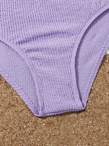 Tween Girl Bow Detail Asymmetrical Neck Bikini Set & Scrunchie Summer Beach - Purple - View 3