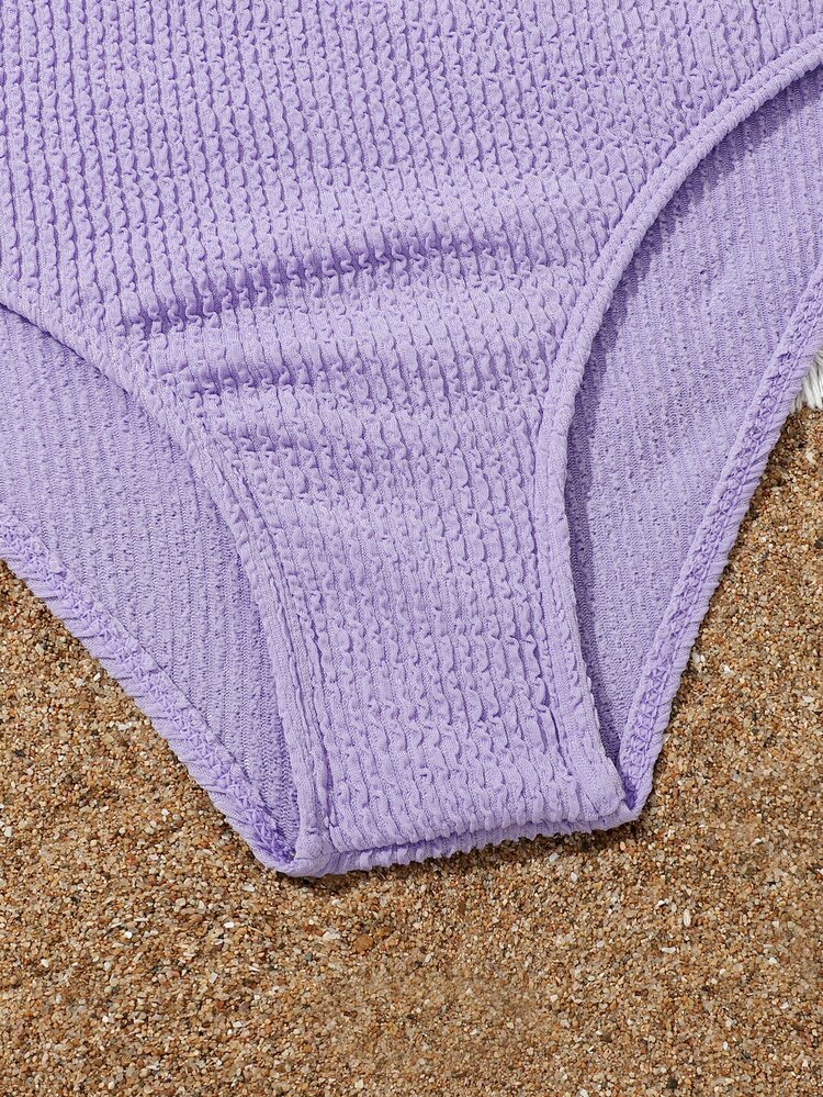 Tween Girl Bow Detail Asymmetrical Neck Bikini Set & Scrunchie Summer Beach - Purple - View 3