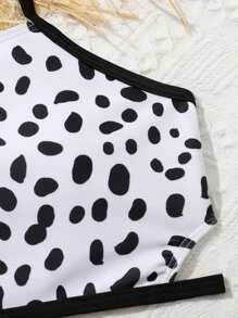 Conjunto de bikini con estampado de dálmata y ribete en contraste con coletero para niña preadolescente, ideal para playa de verano - Blanco y Negro - Ver 3