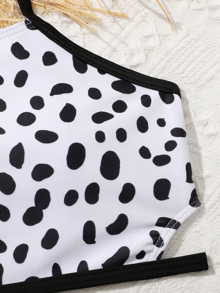 Conjunto de bikini con estampado de dálmata y ribete en contraste con coletero para niña preadolescente, ideal para playa de verano - Blanco y Negro - Añade 3