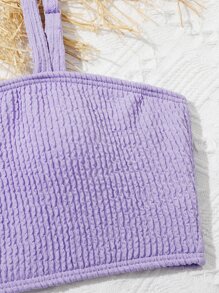 Tween Girl Bow Detail Asymmetrical Neck Bikini Set & Scrunchie Summer Beach - Purple - View 4