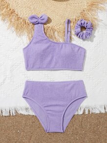 Tween Girl Bow Detail Asymmetrical Neck Bikini Set & Scrunchie Summer Beach - Purple - View 5