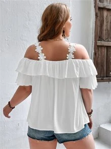 SHEIN VCAY 大碼貼花挖肩荷葉邊襯衫 - 白色 - 查看 3