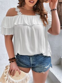 SHEIN VCAY 大碼貼花挖肩荷葉邊襯衫 - 白色 - 查看 4