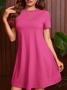 SHEIN Tall 素色圓領T恤連衣裙 - 玫紅色 - 查看 1