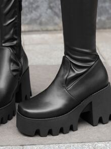 Elegant Black Sock Boots For Women, Zipper Side Platform Chunky Heeled Boots - Black - View 3