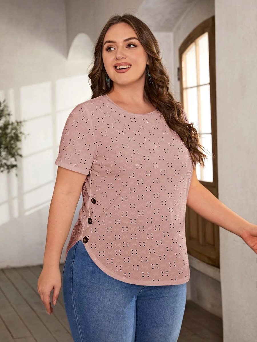 SHEIN LUNE Plus Button Detail Curved Hem Schiffy Tee - Dusty Pink - View 1