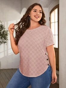 SHEIN LUNE Plus Button Detail Curved Hem Schiffy Tee - Dusty Pink - View 3