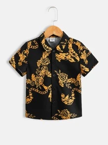 SHEIN 男童夏季休閒花卉鏈條圖案短袖襯衫