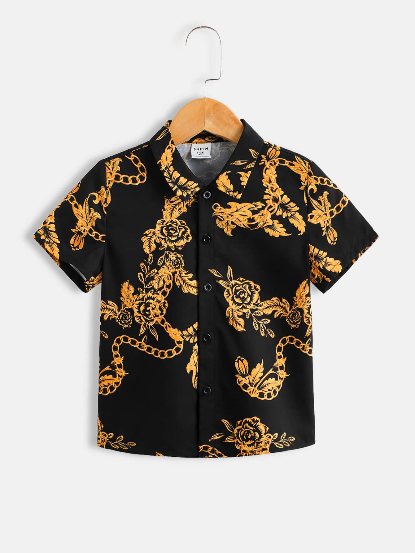 SHEIN 男童夏季休閒花卉鏈條圖案短袖襯衫