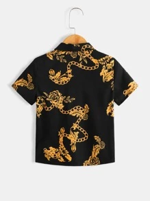SHEIN 男童夏季休閒花卉鏈條圖案短袖襯衫