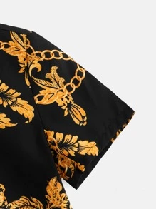 SHEIN 男童夏季休閒花卉鏈條圖案短袖襯衫