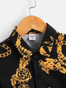 SHEIN 男童夏季休閒花卉鏈條圖案短袖襯衫