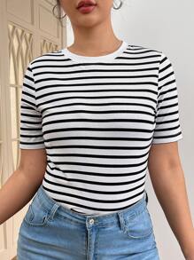 SHEIN EZwear Plus Striped Print Tee For Summer