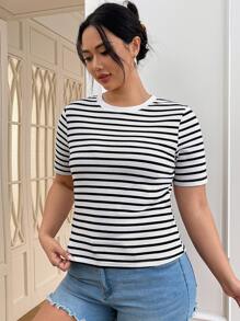SHEIN EZwear Plus Striped Print Tee For Summer