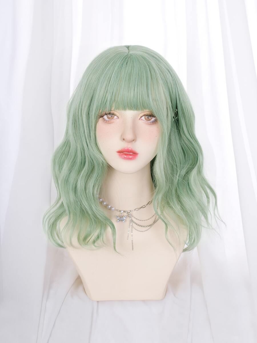 中等卷人造假髮帶劉海 - 綠色 - 查看 1