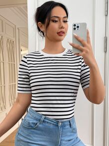 SHEIN EZwear Plus Striped Print Tee For Summer