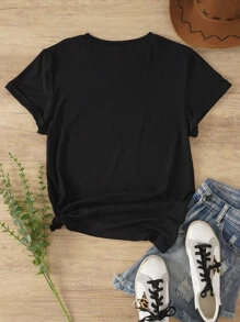 SHEIN LUNE 鞋和標語圖案T恤 - 黑色 - 查看 2