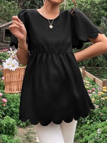 SHEIN 孕婦貝殼邊泡泡袖荷葉邊下擺襯衫