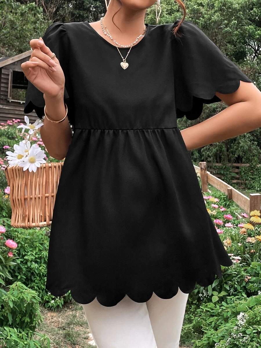 SHEIN 孕婦貝殼邊泡泡袖荷葉邊下擺襯衫