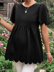 SHEIN 孕婦貝殼邊泡泡袖荷葉邊下擺襯衫