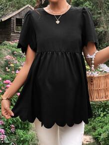 SHEIN 孕婦貝殼邊泡泡袖荷葉邊下擺襯衫