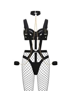 Cut Out Chain Detail Underwire Teddy Bodysuit With 1pair Stocking - Black - View 3