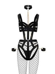 Cut Out Chain Detail Underwire Teddy Bodysuit With 1pair Stocking - Black - View 4
