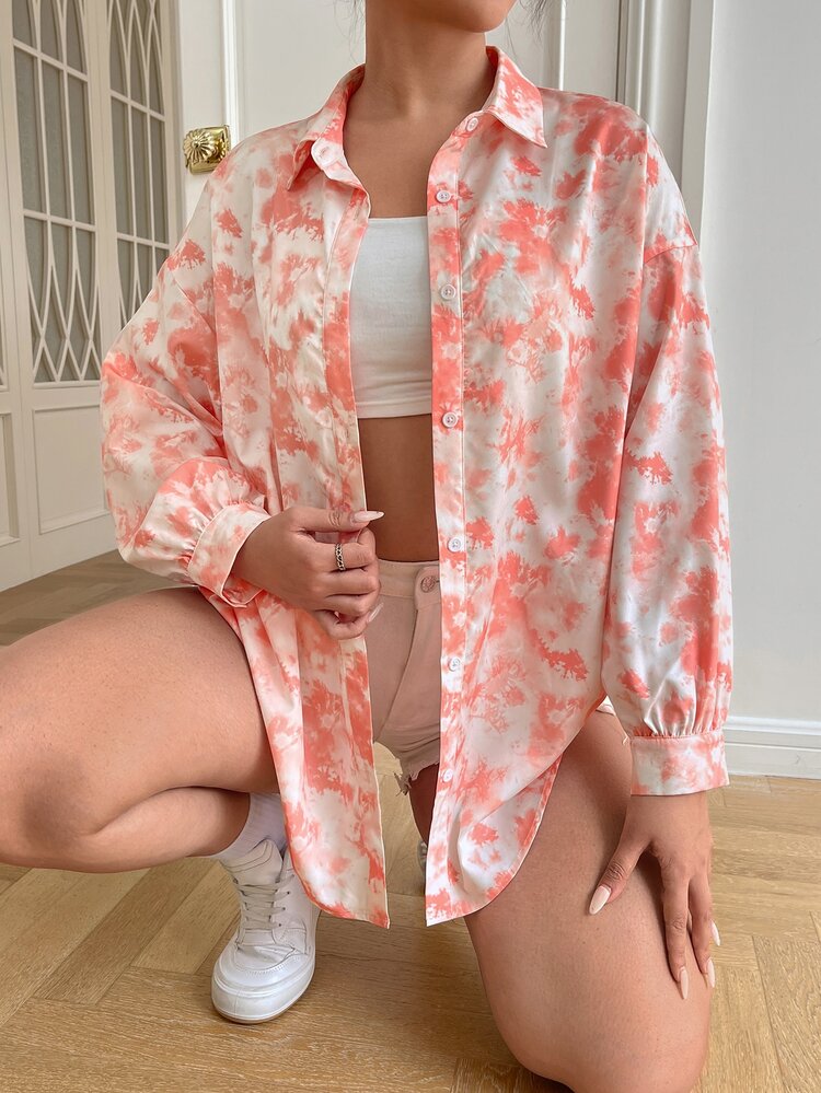 SHEIN EZwear 大碼紮染落肩袖襯衫 - 彩色 - 查看 4