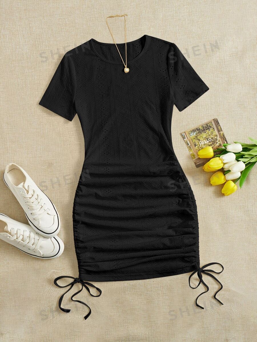 SHEIN EZwear Vestido De Verano Ajustado Con Cordón Y Fruncido Lateral - Negro - Ver 1