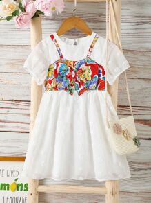 Toddler Girls Floral Print Bow Front 2 In 1 Dress - White - View 1